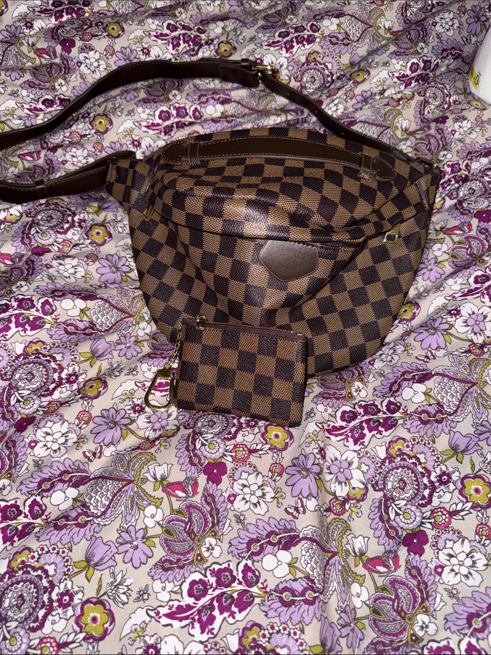 Designer-Style Brown Checkered Waist Bag with Card Pouch